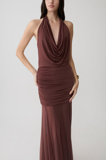 Jorja Draped Halter Slinky Maxi Dress - Chocolate