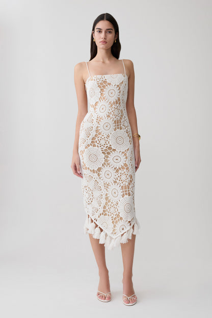 Delta Crochet Halter Midi Dress - White