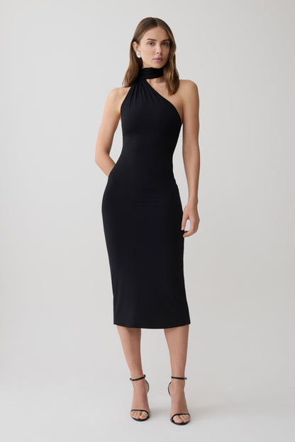 Jemma One Shoulder Tie Midi Dress - Black