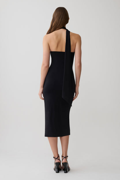 Jemma One Shoulder Tie Midi Dress - Black