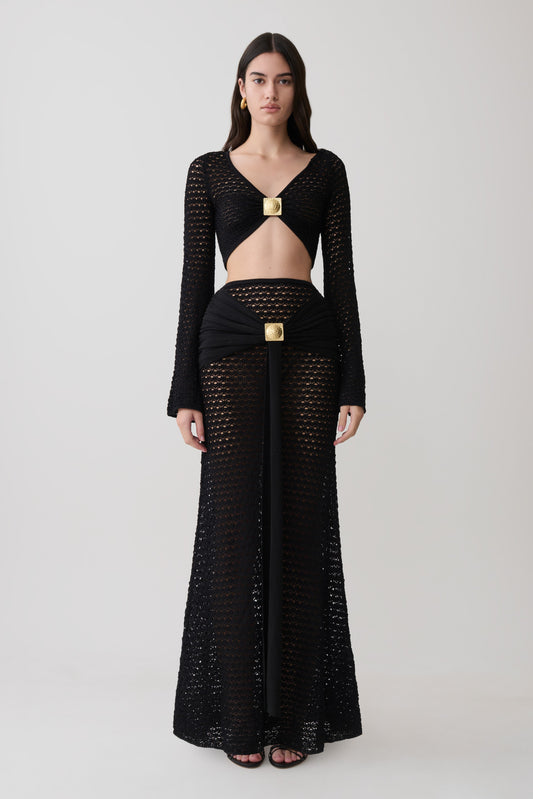 Mania Crochet Maxi Skirt With Hardware - Black