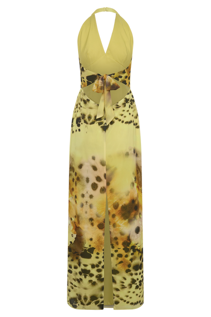 Valentina Chiffon Halter Maxi Dress - Yellow Floral Leopard Print