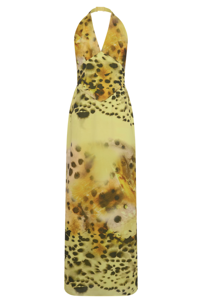 Valentina Chiffon Halter Maxi Dress - Yellow Floral Leopard Print