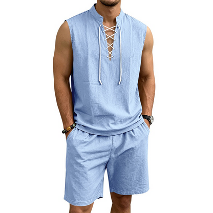 Men's Linen Sleeveless Lace-Up Top & Shorts Set - Rovela