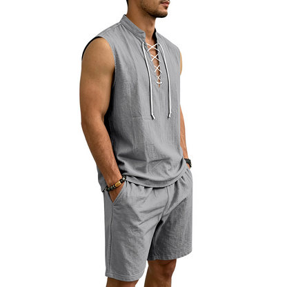 Men's Linen Sleeveless Lace-Up Top & Shorts Set - Rovela