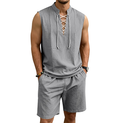 Men's Linen Sleeveless Lace-Up Top & Shorts Set - Rovela