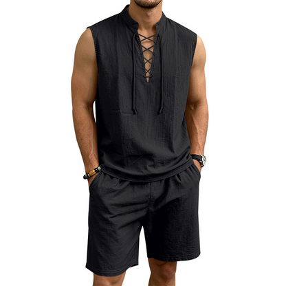 Men's Linen Sleeveless Lace-Up Top & Shorts Set - Rovela