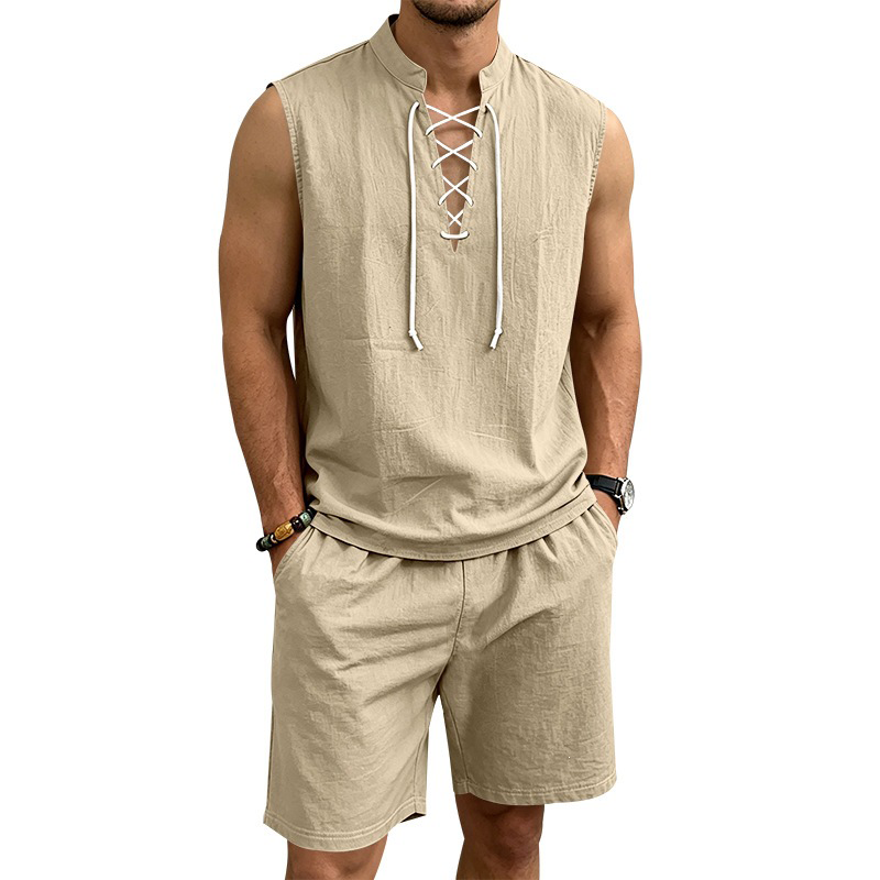 Men's Linen Sleeveless Lace-Up Top & Shorts Set - Rovela
