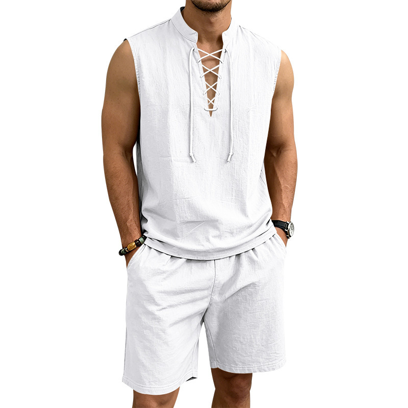 Men's Linen Sleeveless Lace-Up Top & Shorts Set - Rovela