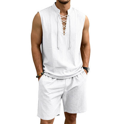 Men's Linen Sleeveless Lace-Up Top & Shorts Set - Rovela