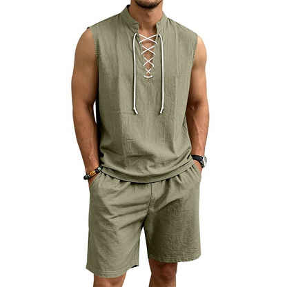 Men's Linen Sleeveless Lace-Up Top & Shorts Set - Rovela