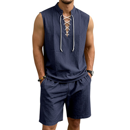Men's Linen Sleeveless Lace-Up Top & Shorts Set - Rovela