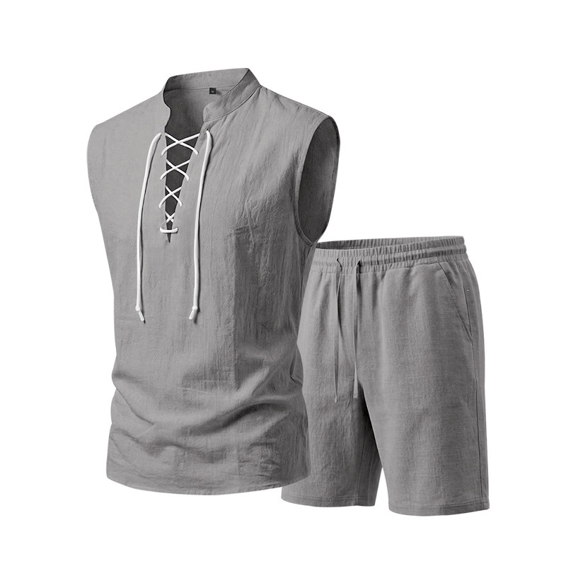 Men's Linen Sleeveless Lace-Up Top & Shorts Set - Rovela