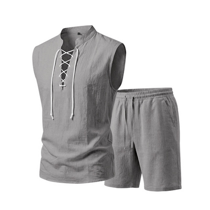 Men's Linen Sleeveless Lace-Up Top & Shorts Set - Rovela