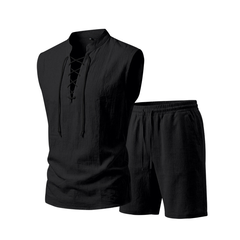 Men's Linen Sleeveless Lace-Up Top & Shorts Set - Rovela