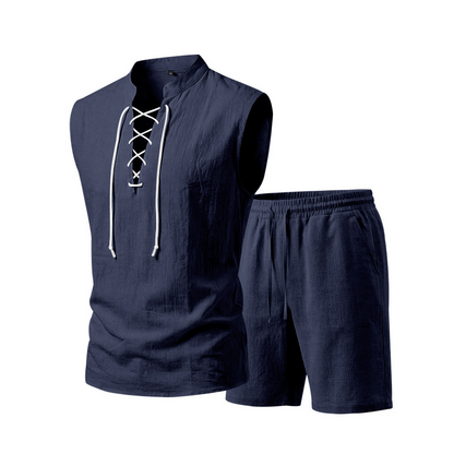 Men's Linen Sleeveless Lace-Up Top & Shorts Set - Rovela