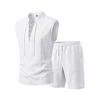 Men's Linen Sleeveless Lace-Up Top & Shorts Set - Rovela