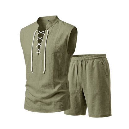 Men's Linen Sleeveless Lace-Up Top & Shorts Set - Rovela
