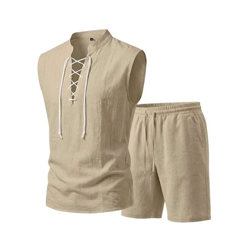 Men's Linen Sleeveless Lace-Up Top & Shorts Set - Rovela