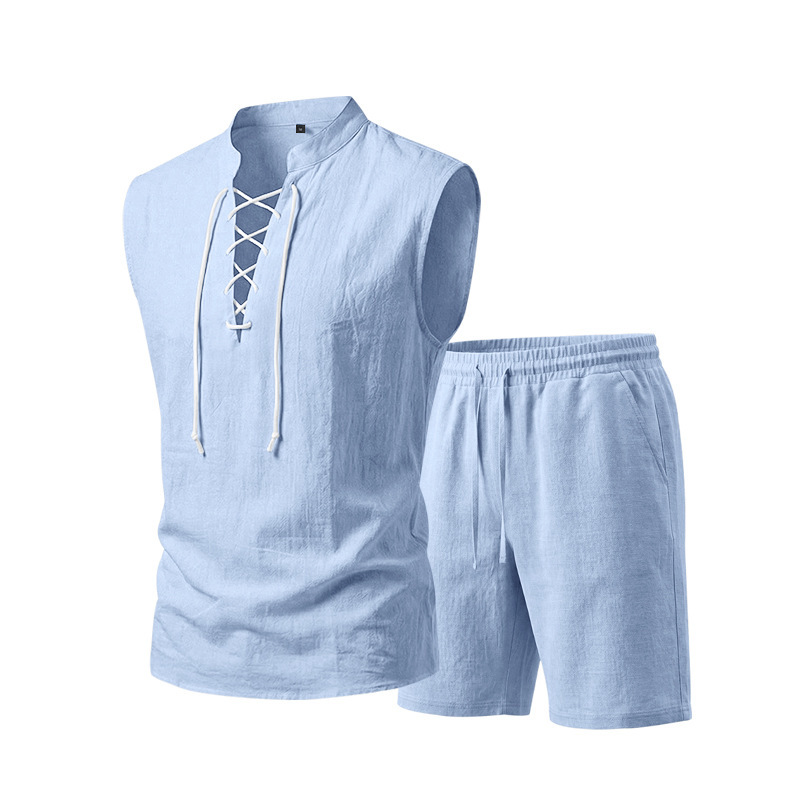 Men's Linen Sleeveless Lace-Up Top & Shorts Set - Rovela