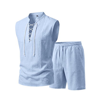 Men's Linen Sleeveless Lace-Up Top & Shorts Set - Rovela